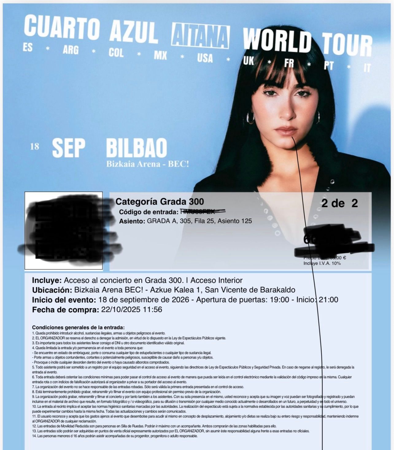 2 Entradas JUNTAS Aitana Bilbao (BEC) - Grada 300