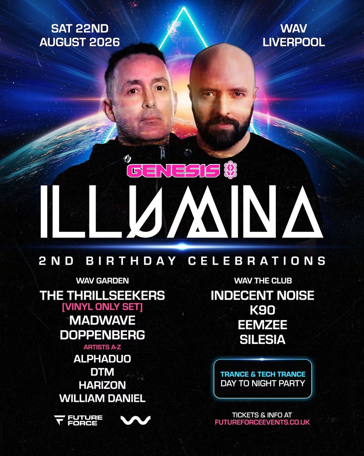 Genesis presents ILLUMINA: The Thrillseekers, Indecent Noise, K90