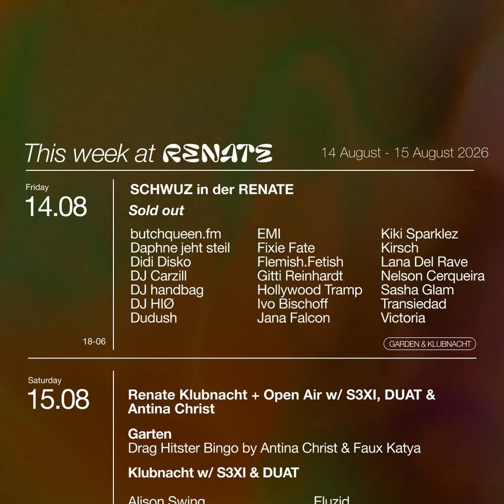 Renate Klubnacht + Open Air (Free Entry) w/ S3XI, DUAT & Antina Christ